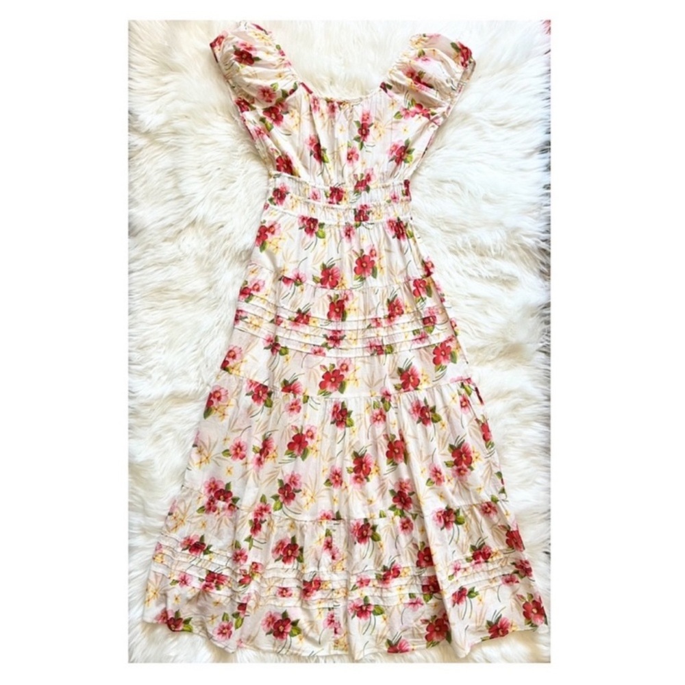 New! LoveShackFancy Magdalene Floral Ruffle Cotton Midi Dress in Pink Hibiscus - Picture 13 of 16